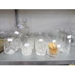 A CUT GLASS SQUARE DECANTER, THREE CUT GLASS JUGS, IN SIZES, AND 22 CUT GLASS TUMBLERS VARIOUS (26)