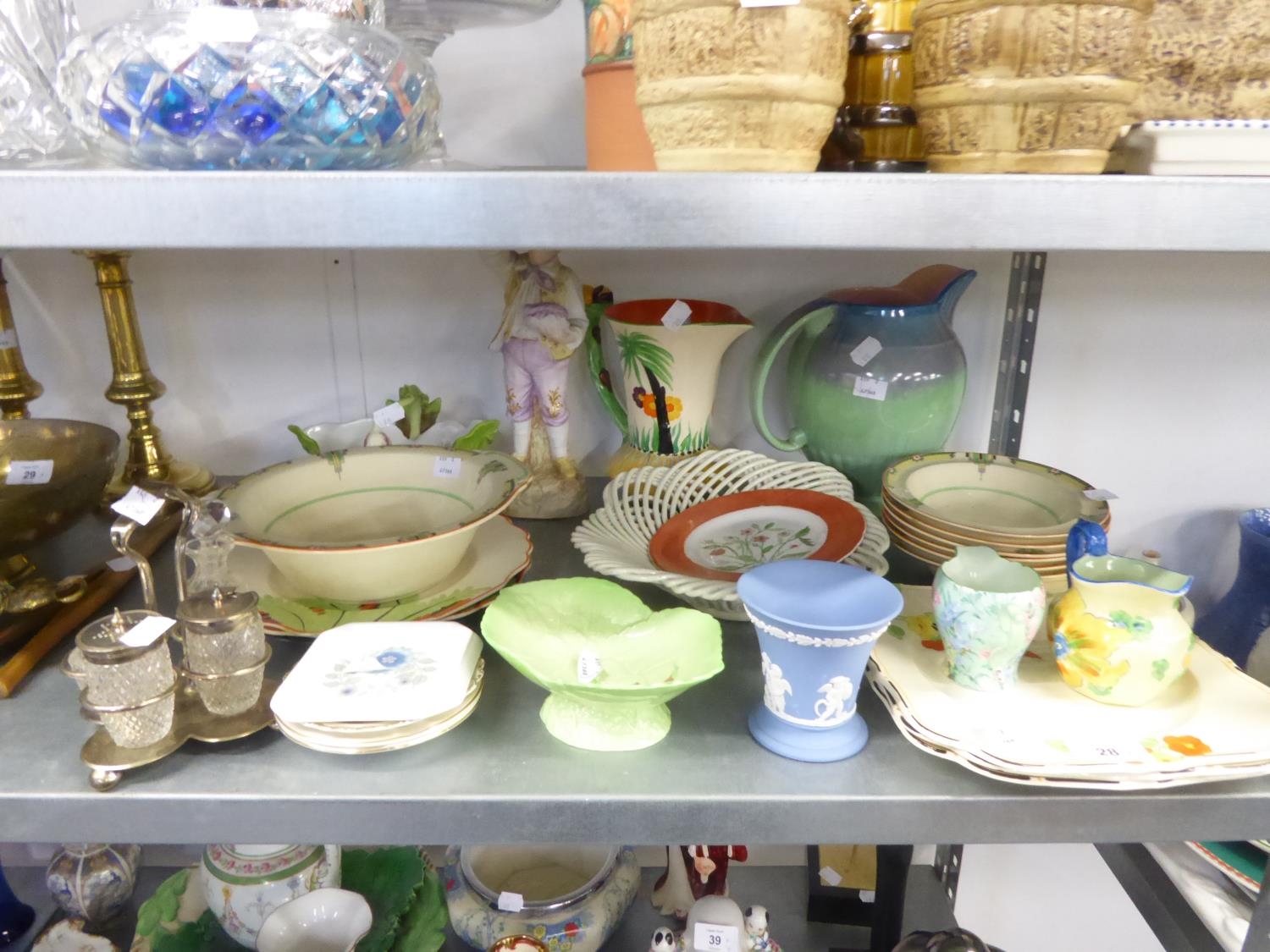 ASSORTED MOSTLY EARLY TWENTIETH CENTURY CERAMICS, AND A GLASS AND EPNS CONDIMENT SET