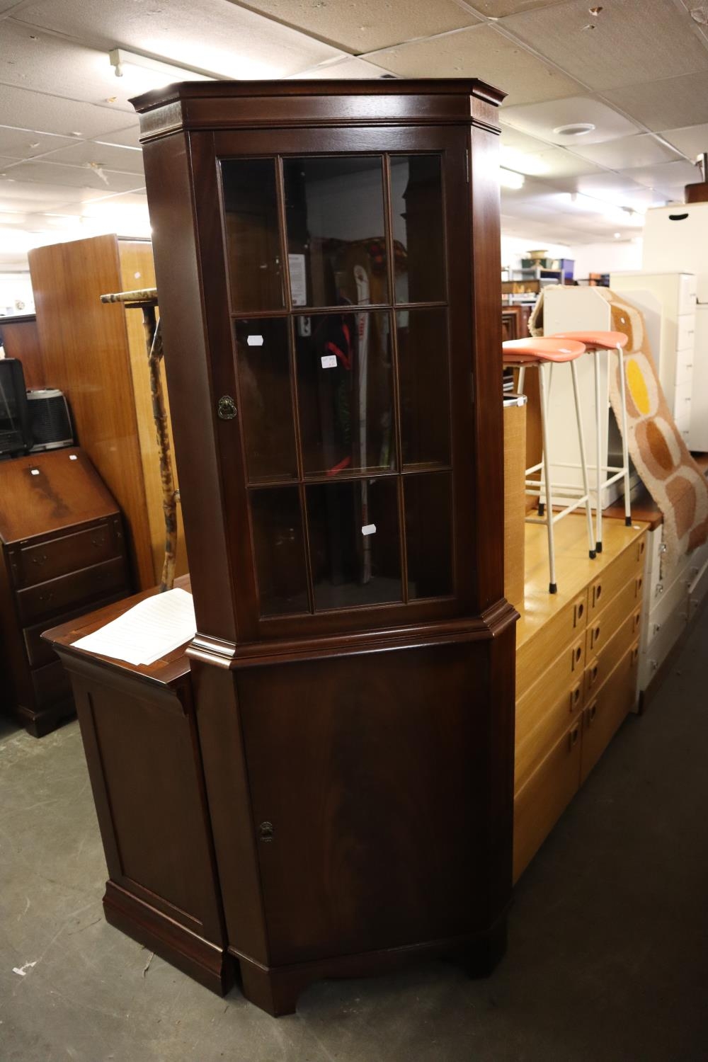 A REPRODUCTION  CUPBOARD AND A SMALL REPRODUCTION MAHOGANY BUREAU (2)