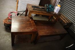 THREE INDONESIAN TEAK GRADUATED OCCASIONAL TABLES, WITH LATTICED LEATHER SHELF STRETCHERS, 18" X 47"