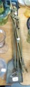 BRASS TWO PIECE FIRE TOOL SET, POKER AND TONGS, ANOTHER PAIR OF TONGS, SHOVEL and an ADJUSTABLE