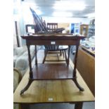A GEORGE V MAHOGANY BUTLERS TRAY ON STAND WITH SHELF STRETCHER AND SPLAY PAW FEET