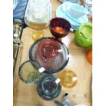 EIGHT PIECES OF COLOURED GLASS WITH BUBBLE INCLUSIONS, VASES, SHALLOW DISH, LEAF SHAPED DISH,