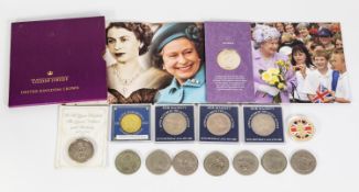 ELIZABETH II ROYAL MINT ISSUED GILDED CUPRO-NICKEL GOLDEN JUBILEE (2002) CROWN, Together with FOUR