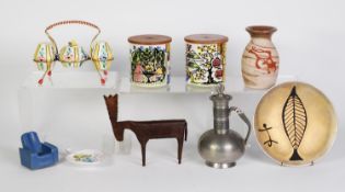 SMALL GROUP OF MID-CENTURY SCANDINAVIAN ITEMS, including a pair of ceramic storage jars, butter