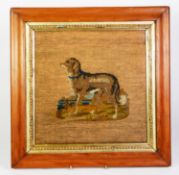 LATE 19th CENTURY WOOLWORK PICTURE OF HOUND, IN MULTI-COLOURS, beside a lake or river, centred on