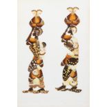 SET OF FIVE AFRICAN BUTTERFLY WING PICTURES, as figures in various poses, each 12 ¾” x 8 5/8” (32.