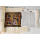 TWO ROLLED EGYPTIAN PAINTINGS ON PAPYRUS in an ancient Egyptian style, in tube and a copy of THE