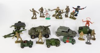 FIVE DINKY TOY DIE CAST MILITARY VEHICLES; a Match Truck and a quantity of PLASTIC FIGURES, mainly