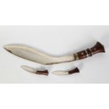 GHURKA KNIFE IN LEATHER CLAD SHEATH WITH TWO SMALLER KNIVES C/R- sheath in poor condition