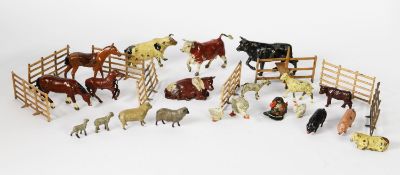 LARGE SELECTION OF PRE-WAR BRTAINS, JOE HILL CO. AND OTHER LEAD FARM ANIMALS, in playworn to fair