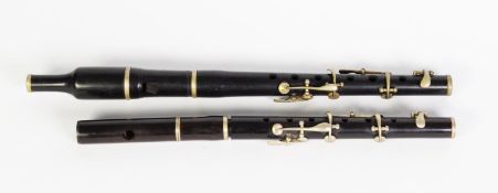 VINTAGE THREE-PART ROSEWOOD FLUTE/FIFE with six plated metal keys and six open sound holes, plated