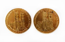 TWO GOLD PLATED SILVER MEDALLIONS struck by Royal Mint in celebration of the 25th Anniversary of the