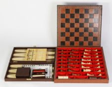 CHINESE MAH JONG SET; PLASTIC CHESS SET and draughts set, in fitted box with leather removable
