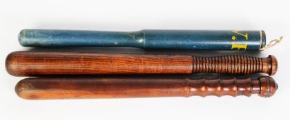 VICTORIAN TURNED SOFTWOOD TRUNCHEON, painted yellow VR on a grey ground, 15 1/2in (39.4cm) long,
