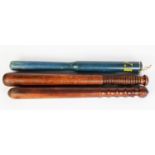 VICTORIAN TURNED SOFTWOOD TRUNCHEON, painted yellow VR on a grey ground, 15 1/2in (39.4cm) long,