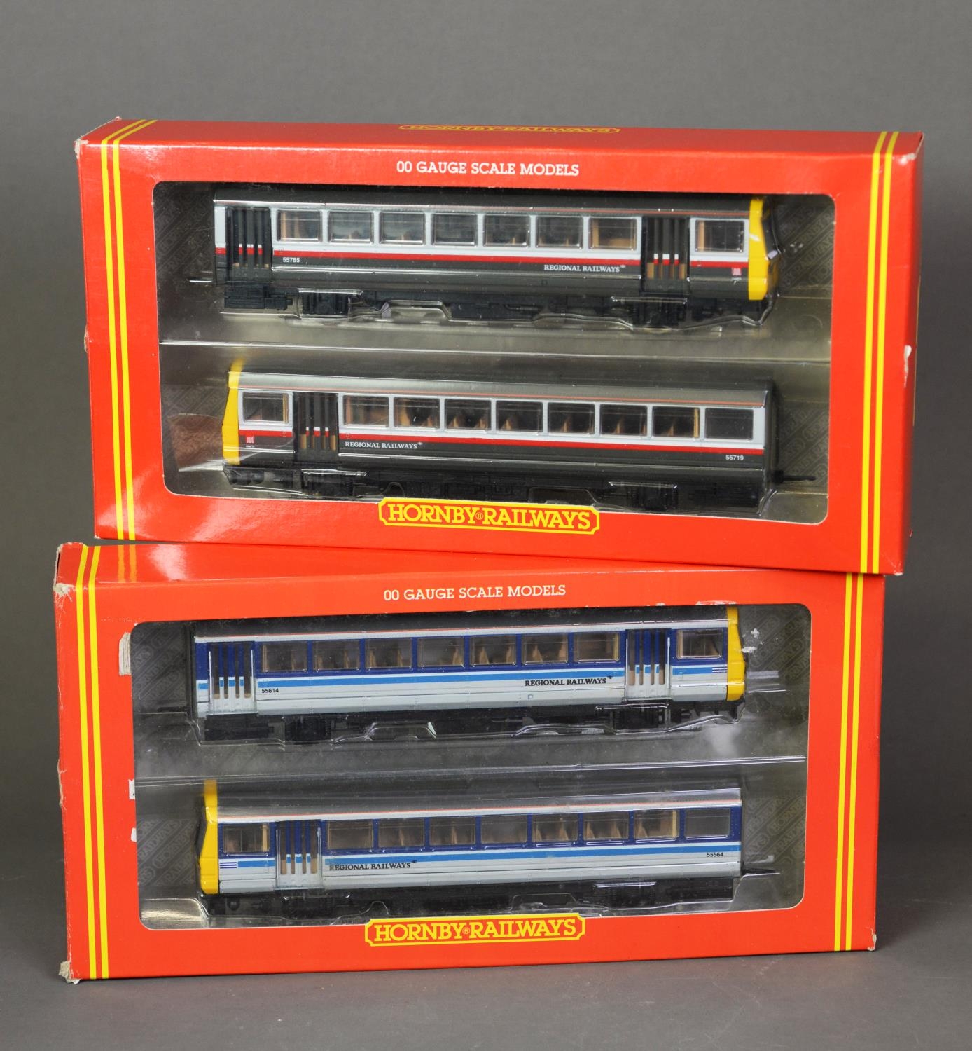 TWO HORNBY RAILWAYS OO GAUGE MINT AND BOXED TWO CAR UNITS OF CLASS 142 BR PACER TWIN RAILBUSES, each