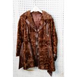 LADY'S MODERN BROWN PONY SKIN AND BROWN LEATHER LONG SPORTS JACKET, with revered collar, hook