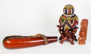MASAI GOURD WATER CARRIER, with beadwork decoration, plus a Masai double gourd with beadwork cover