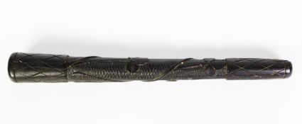 IRISH LATE 19th CENTURY CARVED BOG OAK CUDGEL OR SALMON PRIEST, of turned tapering form with