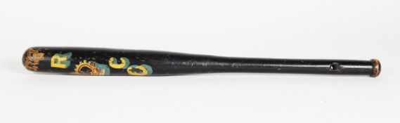 PROBABLY WILTSHIRE CONSTABULARY EBONISED AND PAINTED WOOD CLUB SHAPED TRUNCHEON, decorated with VR