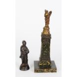 EARLY 20TH CENTURY SCULPTURE OF WINGED VICTORY, on green painted square column, plus a smaller