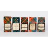 FIVE BOXED VINTAGE FLASK SHAPE 5cl MINIATURE BOTTLES OF GORDON & MACPHAIL MALT SCOTCH WHISKY, viz