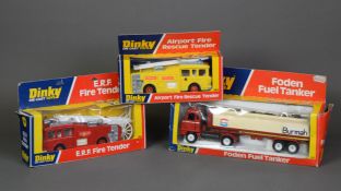 THREE DINKY TOYS MINT AND BOXED DIE CAST TOY VEHICLES, each in window box, viz Foden Fuel Tanker -