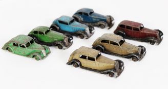 SEVEN DINKY TOYS - SALOON CARS CIRCA 1940's, all playworn and lacking tyres to include 30b Rolls