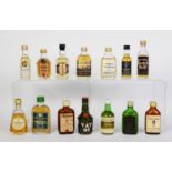 FOURTEEN VINTAGE, VARIOULS SHAPED 5cl AND OTHER MINIATURE BOTTLES OF MAINLY MALT WHISKY, to