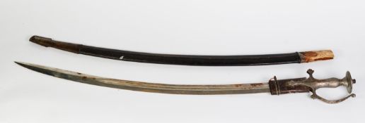 19th CENTURY INDIAN TULWAR with curved fullered blade, 26in (66cm) long, cast metal hilt and D