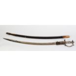 19th CENTURY INDIAN TULWAR with curved fullered blade, 26in (66cm) long, cast metal hilt and D