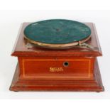 APOLLO TABLE TOP SPRING DRIVEN RECORD TURNTABLE, inlaid mahogany cabinet with boxwood and ebony