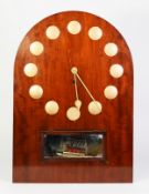 MID-TWENTIETH CENTURY MAHOGANY WALL CLOCK, with gold dot hours and rocking ship pendulum 22 ¼” (56.5