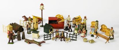 GOOD SELECTION OF BRITAINS AND OTHER PRE-WAR LEAD FARM FIGURES AND FARMYARD ACCESSORIES, to