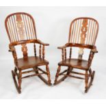 NEAR PAIR OF NINETEENTH CENTURY ELM AND FRUITWOOD WINDSOR ROCKING CHAIRS, each with two pierced
