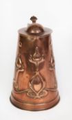 ARTS AND CRAFTS EMBOSSED COPPER LIDDED JUG, of tapering form with thumbpiece to the domed cover