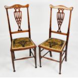 PAIR OF EDWARDIAN MAHOGANY STAINED AND INLAID BEECH AND BIRCH BEDROOM CHAIRS, each with butterfly