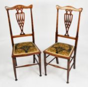 PAIR OF EDWARDIAN MAHOGANY STAINED AND INLAID BEECH AND BIRCH BEDROOM CHAIRS, each with butterfly