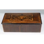 NINETEENTH CENTURY INLAID ROSEWOOD AND EBONISED BOX FOR A CYLINDER MUSICAL MOVEMENT, of typical form