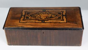 NINETEENTH CENTURY INLAID ROSEWOOD AND EBONISED BOX FOR A CYLINDER MUSICAL MOVEMENT, of typical form