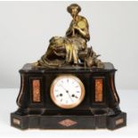 VICTORIAN BLACK SLATE AND BRONZE FIGURAL MANTLE CLOCK, the 4” enamelled Roma dial, powered by a drum