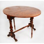 VICTORIAN CARVED AND BURR WALNUT SUTHERLAND TABLE, of typical form with demi lune drop leaves and