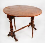 VICTORIAN CARVED AND BURR WALNUT SUTHERLAND TABLE, of typical form with demi lune drop leaves and