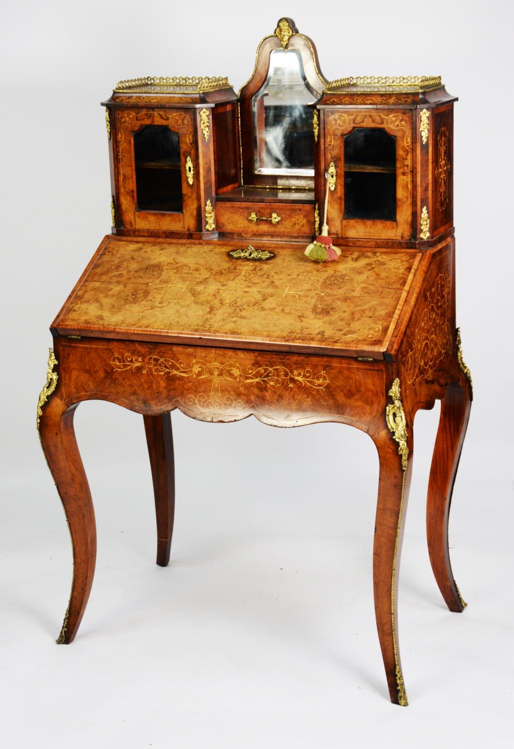 NINETEENTH CENTURY ORMOLU MOUNTED AND INLAID BURR WALNUT BUREAU DE DAME, the foliate scroll inlaid - Image 5 of 6