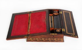 GOOD VICTORIAN ROSEWOOD AND TUNBRIDGE WARE PORTABLE AND LOCKABLE WRITING SLOPE, of slightly flared