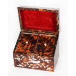 LATE NINETEENTH CENTURY RED SHELL AND MOTHER OF PEARL INLAID SMALL TEA CADDY, of oblong form with