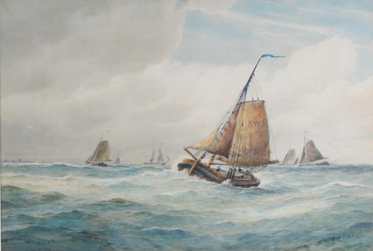 FREDERICK JAMES ALDRIDGE (1850-1933) WATERCOLOUR 'Off the Dogger Bank' Signed & dated 1888 lower - Image 3 of 6