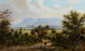 E CAWTHORNE (Late Nineteenth Century) OIL PAINTING ON BOARD Landscape with a shepherd and flock