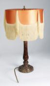 MOTTLED BROWN TURNED MARBLE BALUSTER FORM TABLE LAMP with circular foot, 14 1/2in (37cm) high with a